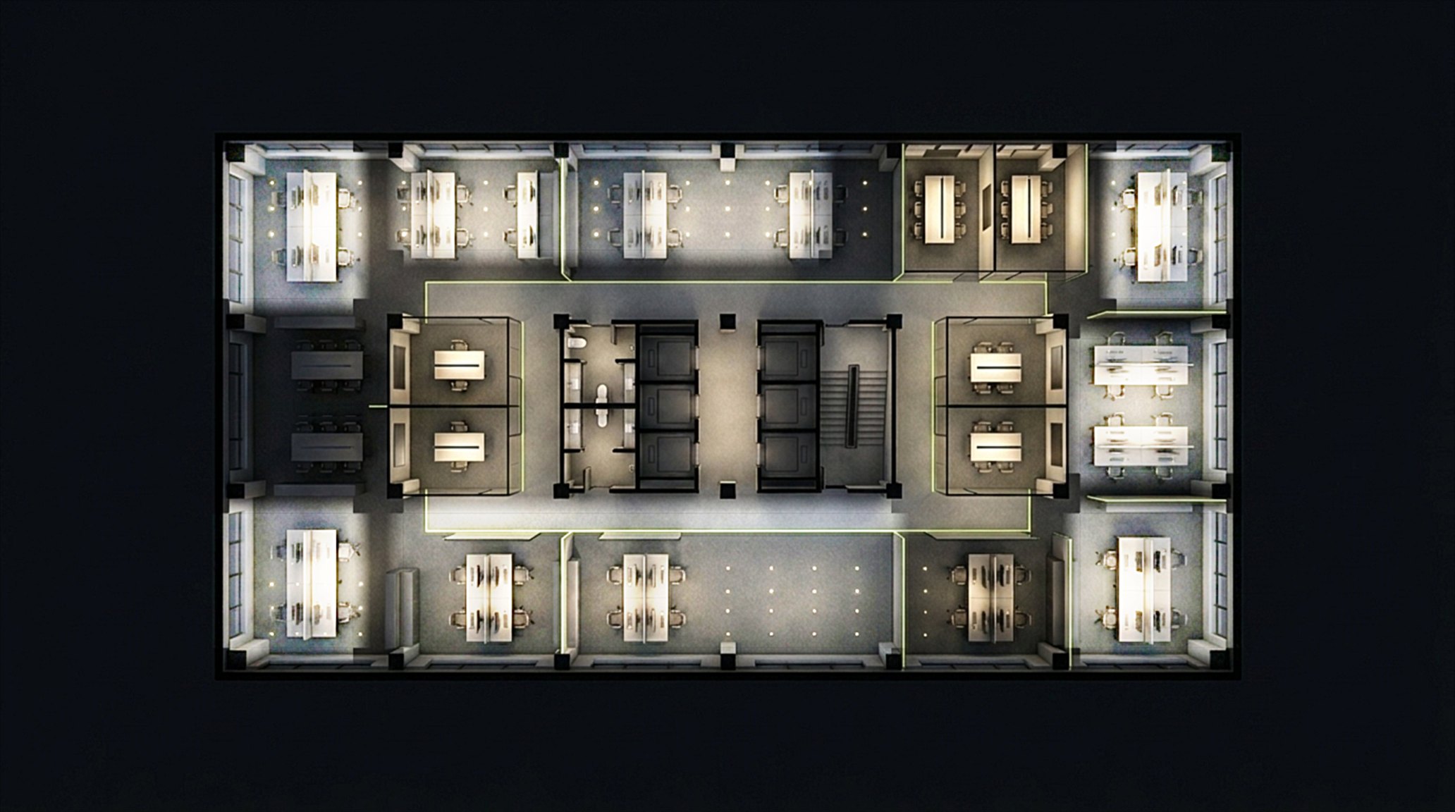 Presence automation in the Kodaa Casambi dashboard — open office lit, rooms on occupancy